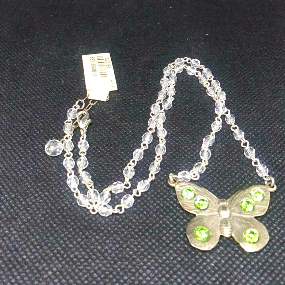 Silver Metal Butterfly Necklace Green Rhinestone